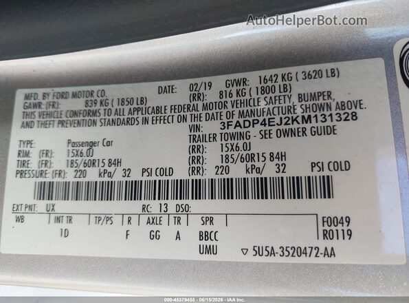 3FADP4EJ2KM131328 2019 FORD FIESTA Silver Widok komory silnika