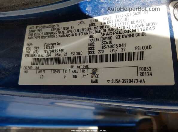 3FADP4EJ3KM116045 2019 FORD FIESTA Blue 