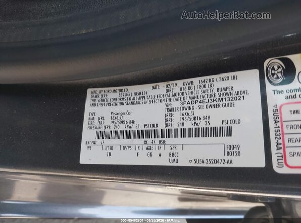 3FADP4EJ3KM132021 2019 FORD FIESTA Gray ძრავის განყოფილების ხედი