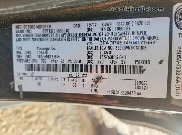 3FADP4EJ4HM171662 2017 FORD FIESTA Gray Widok naklejki z numerem VIN