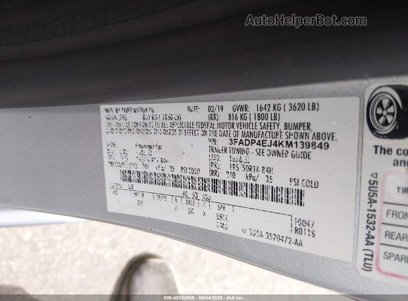 3FADP4EJ4KM139849 2019 FORD FIESTA Серебряный Вид подкапотного пространства
