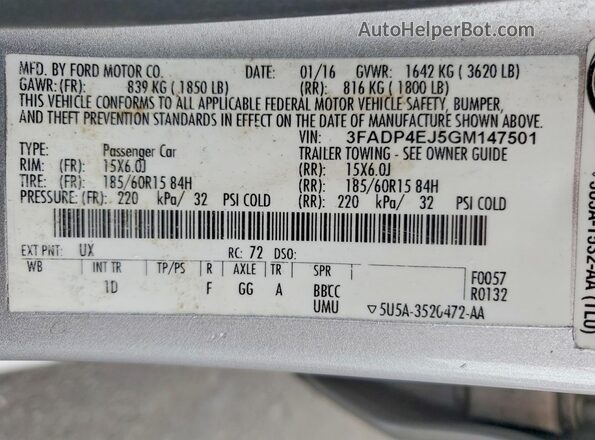 3FADP4EJ5GM147501 2016 FORD FIESTA Silver 