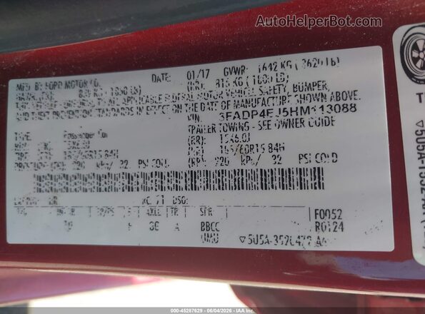 3FADP4EJ5HM113088 2017 FORD FIESTA Красный Вид подкапотного пространства