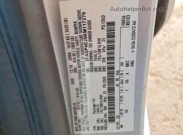 3FADP4EJ5KM117276 2019 FORD FIESTA Silver Widok naklejki z numerem VIN