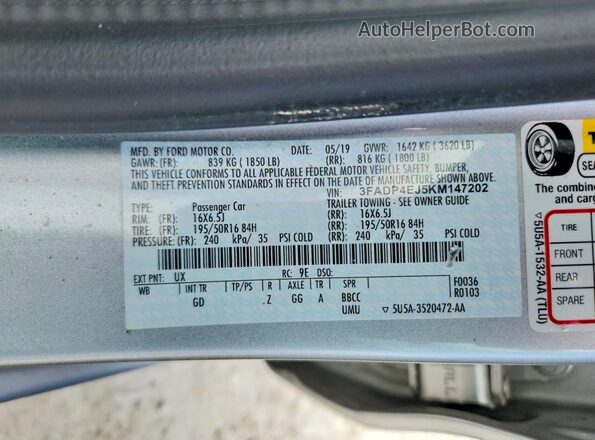 3FADP4EJ5KM147202 2019 FORD FIESTA Silver Widok naklejki z numerem VIN