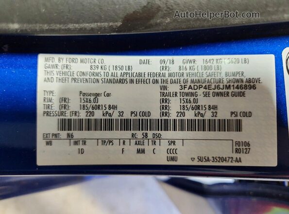 3FADP4EJ6JM146896 2018 FORD FIESTA Blue VIN կոդի պիտակի տեսք