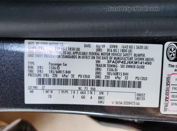 3FADP4EJ6KM141490 2019 FORD FIESTA Gray Вид підкапотного простору