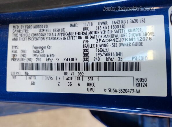 3FADP4EJ7KM112676 2019 FORD FIESTA Blue Вид підкапотного простору