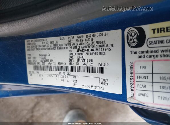 3FADP4EJ8JM127945 2018 FORD FIESTA Blue 