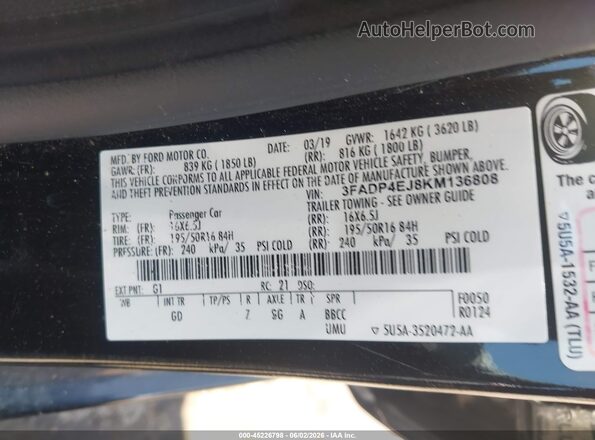 3FADP4EJ8KM136808 2019 FORD FIESTA Черный Вид подкапотного пространства
