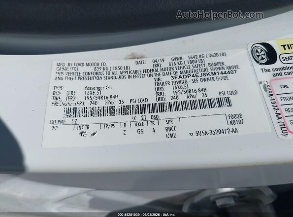 3FADP4EJ8KM144407 2019 FORD FIESTA White Widok komory silnika