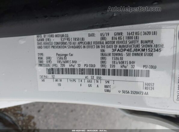 3FADP4EJ8KM152345 2019 FORD FIESTA White Engine compartment view