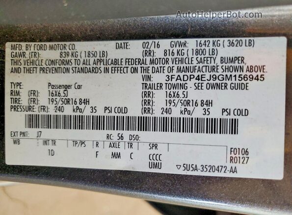 3FADP4EJ9GM156945 2016 FORD FIESTA Серый Вид наклейки с VIN-кодом