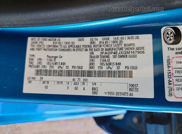 3FADP4EJXGM167906 2016 FORD FIESTA Синий Вид наклейки с VIN-кодом