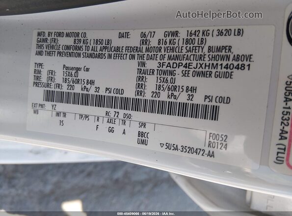 3FADP4EJXHM140481 2017 FORD FIESTA White Widok komory silnika