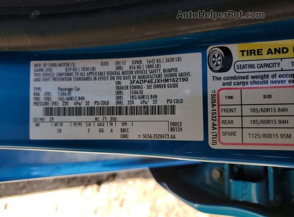 3FADP4EJXHM162190 2017 FORD FIESTA Blue Vista de la etiqueta del VIN