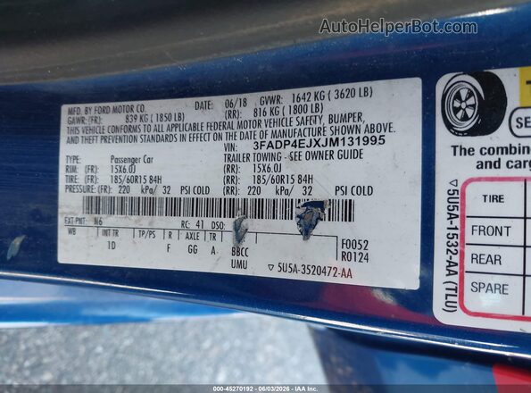 3FADP4EJXJM131995 2018 FORD FIESTA Blue ძრავის განყოფილების ხედი