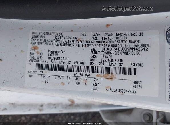 3FADP4EJXKM142612 2019 FORD FIESTA Белый Вид подкапотного пространства