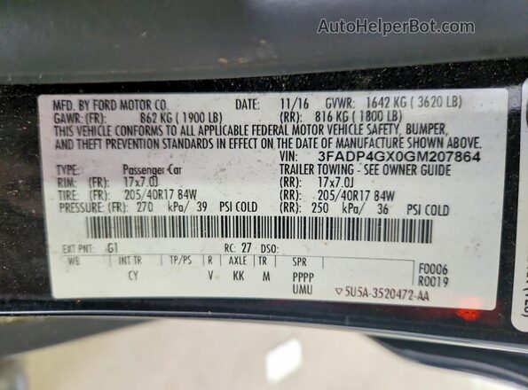 3FADP4GX0GM207864 2016 FORD FIESTA Black Vista de la etiqueta del VIN