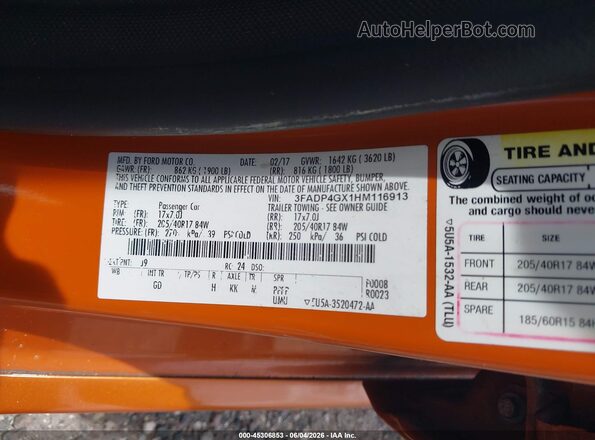 3FADP4GX1HM116913 2017 FORD FIESTA Оранжевый Вид подкапотного пространства