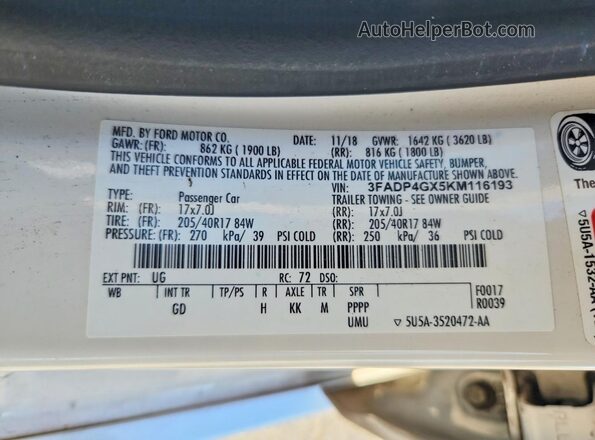 3FADP4GX5KM116193 2019 FORD FIESTA White 