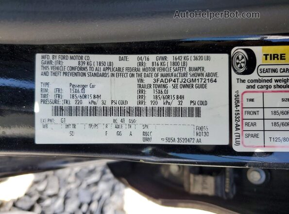 3FADP4TJ2GM172164 2016 FORD FIESTA Black Вид наклейки з VIN-кодом