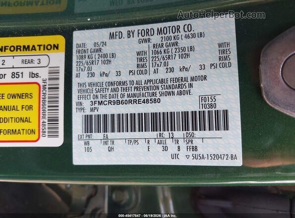 3FMCR9B60RRE48580 2024 FORD BRONCO SPORT Green Engine compartment view