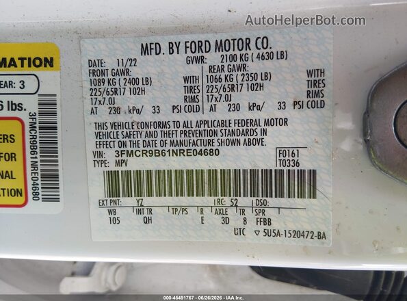 3FMCR9B61NRE04680 2022 FORD BRONCO SPORT White ძრავის განყოფილების ხედი