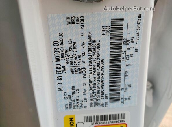 3FMCR9B61PRD99306 2023 FORD BRONCO White Вид наклейки з VIN-кодом