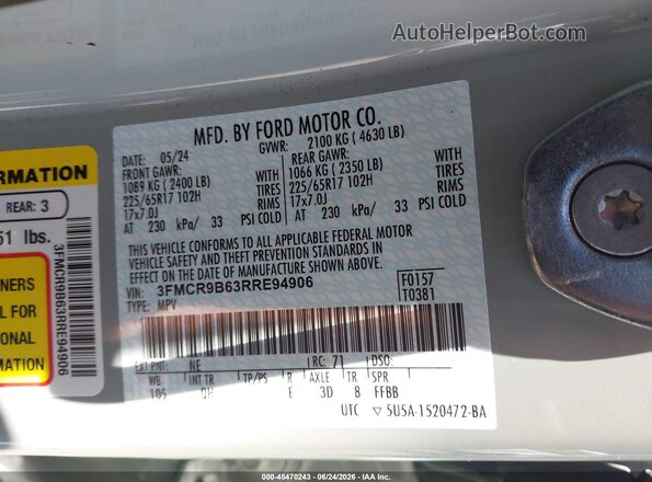 3FMCR9B63RRE94906 2024 FORD BRONCO SPORT Gray Widok komory silnika