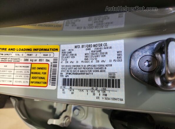 3FMCR9B64RRF54711 2024 FORD BRONCO Gray VIN კოდის სტიკერის ხედი
