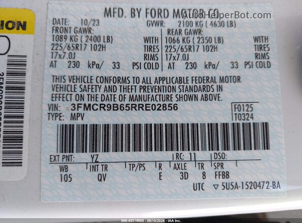 3FMCR9B65RRE02856 2024 FORD BRONCO SPORT White Engine compartment view