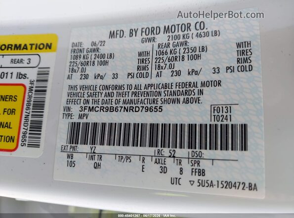 3FMCR9B67NRD79655 2022 FORD BRONCO SPORT White Вид підкапотного простору