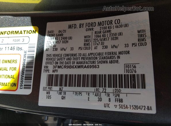 3FMCR9B6XMRA69563 2021 FORD BRONCO SPORT Gray ძრავის განყოფილების ხედი