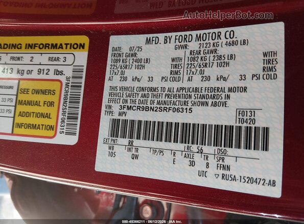 3FMCR9BN2SRF06315 2025 FORD BRONCO SPORT Красный Вид подкапотного пространства