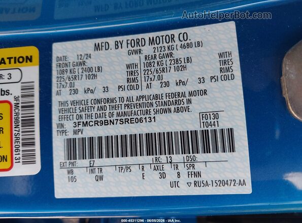 3FMCR9BN7SRE06131 2025 FORD BRONCO SPORT Blue Շարժիչի բաժամունքի տեսք