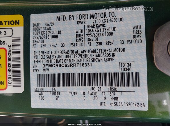 3FMCR9C63RRF18331 2024 FORD BRONCO SPORT Green ძრავის განყოფილების ხედი
