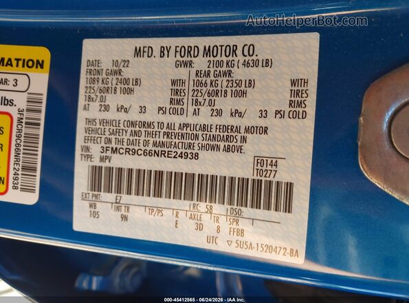 3FMCR9C66NRE24938 2022 FORD BRONCO SPORT Blue Շարժիչի բաժամունքի տեսք
