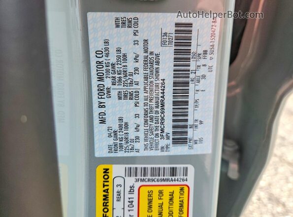 3FMCR9C69MRA44264 2021 FORD BRONCO Gray VIN კოდის სტიკერის ხედი