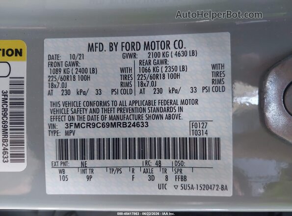 3FMCR9C69MRB24633 2021 FORD BRONCO SPORT Серый Вид подкапотного пространства