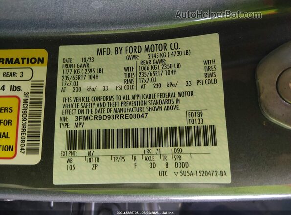 3FMCR9D93RRE08047 2024 FORD BRONCO SPORT Gray ძრავის განყოფილების ხედი