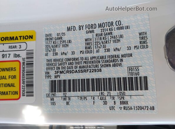 3FMCR9DA5SRF22938 2025 FORD BRONCO SPORT White Vista del compartimento del motor