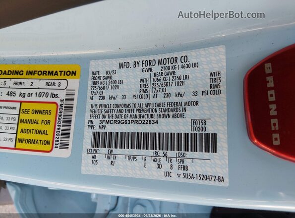 3FMCR9G63PRD22834 2023 FORD BRONCO SPORT Blue Շարժիչի բաժամունքի տեսք