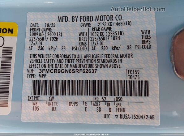 3FMCR9GN6SRF62637 2025 FORD BRONCO SPORT Blue Widok komory silnika