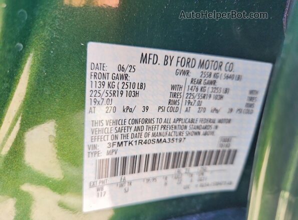 3FMTK1R40SMA35197 2025 FORD MUSTANG Green VIN კოდის სტიკერის ხედი