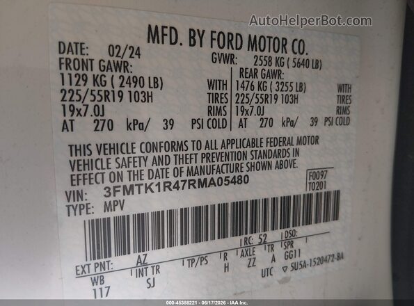3FMTK1R47RMA05480 2024 FORD MUSTANG MACH-E White Widok komory silnika