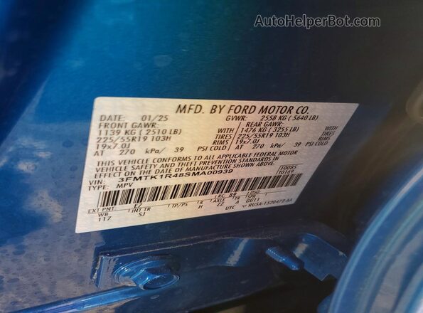 3FMTK1R48SMA00939 2025 FORD MUSTANG Blue Вид наклейки з VIN-кодом