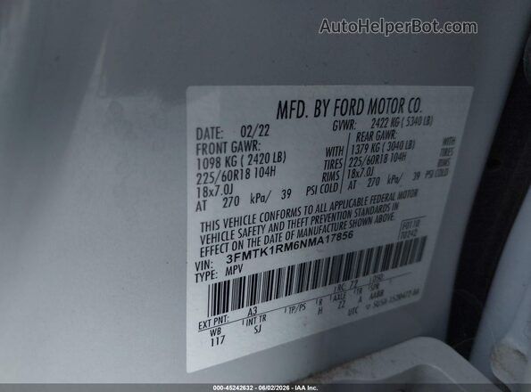 3FMTK1RM6NMA17856 2022 FORD MUSTANG MACH-E Белый Вид подкапотного пространства