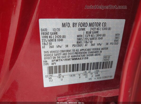 3FMTK1RM7MMA63159 2021 FORD MUSTANG MACH-E Red Вид підкапотного простору