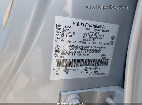 3FMTK1SS1NMA17854 2022 FORD MUSTANG MACH-E White Widok komory silnika